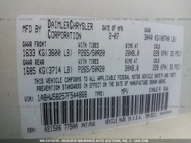 1A8HW58257F544868 - 2007 CHRYSLER ASPEN LIMITED WHITE photo 9