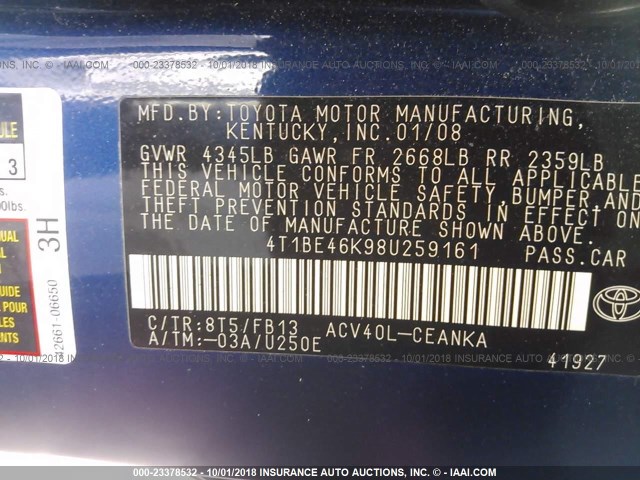 4T1BE46K98U259161 - 2008 TOYOTA CAMRY CE/LE/XLE/SE BLUE photo 9