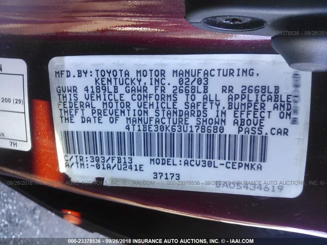 4T1BE30K63U178680 - 2003 TOYOTA CAMRY LE/XLE/SE Марун фото 9