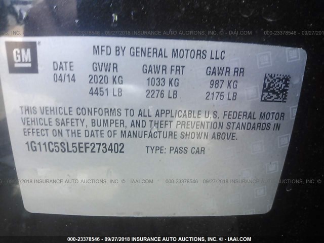 1G11C5SL5EF273402 - 2014 CHEVROLET MALIBU 1LT BLACK photo 9