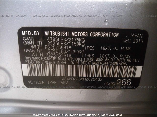 JA4AD2A38HZ020432 - 2017 MITSUBISHI OUTLANDER ES SILVER photo 9