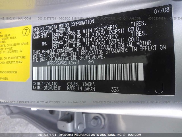JTEES42A982102664 - 2008 TOYOTA HIGHLANDER LIMITED SILVER photo 9