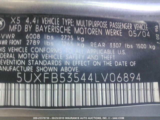 5UXFB53544LV06894 - 2004 BMW X5 4.4I GRAY photo 9