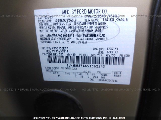 1LNHM87A65Y662545 - 2005 LINCOLN LS 金色 照片 9