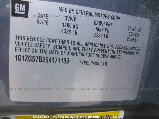 1G1ZG57B294171189 - 2009 CHEVROLET MALIBU LS ნაცრისფერი ფოტო 9