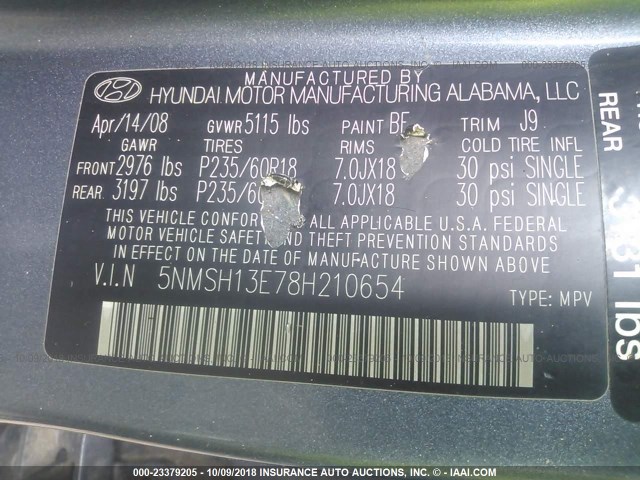 5NMSH13E78H210654 - 2008 HYUNDAI SANTA FE SE/LIMITED GRAY photo 9