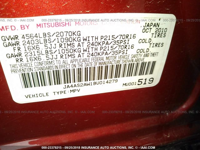 JA4AS2AW1BU014279 - 2011 MITSUBISHI OUTLANDER ES წითელი ფოტო 9