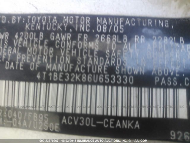 4T1BE32K86U653330 - 2006 TOYOTA CAMRY LE/XLE/SE WHITE photo 9