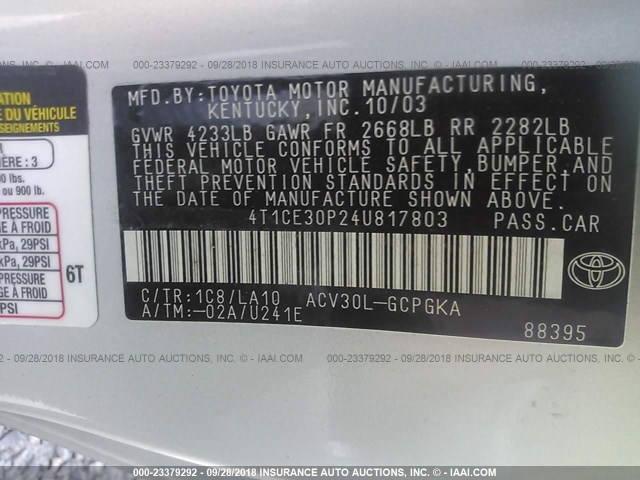 4T1CE30P24U817803 - 2004 TOYOTA CAMRY SOLARA SE/SLE ვერცხლისფერი ფოტო 9