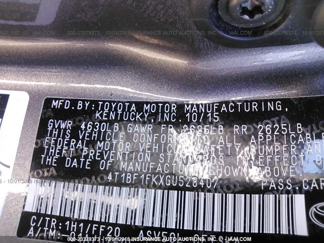 4T1BF1FKXGU528407 - 2016 TOYOTA CAMRY LE/XLE/SE/XSE GRAY photo 9