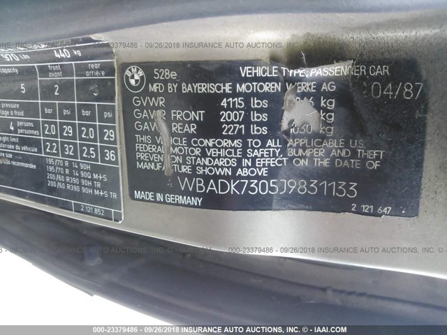WBADK7305J9831133 - 1988 BMW 528 E GRAY photo 9