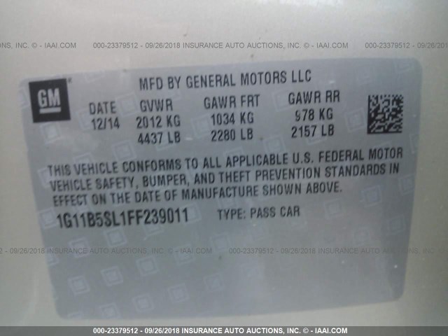 1G11B5SL1FF239011 - 2015 CHEVROLET MALIBU LS ვერცხლისფერი ფოტო 9