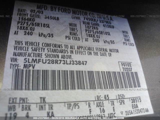 5LMFU28R73LJ33847 - 2003 LINCOLN NAVIGATOR Szary zdjęcie 9