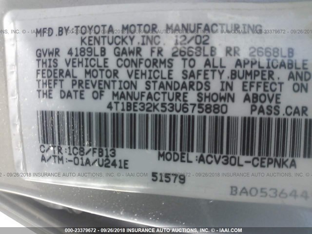 4T1BE32K53U675880 - 2003 TOYOTA CAMRY LE/XLE/SE Күміс фото 9