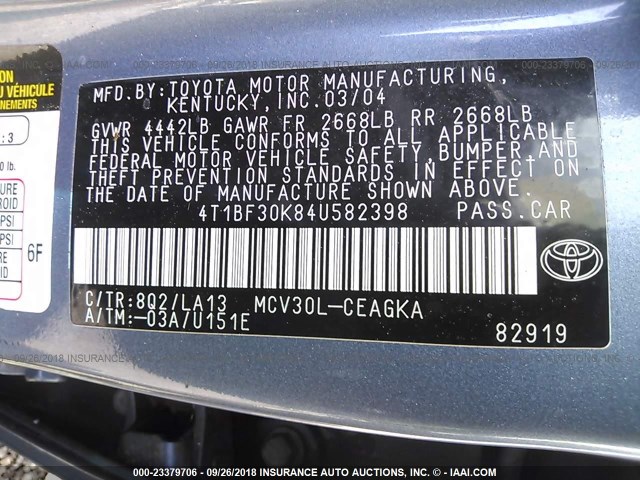 4T1BF30K84U582398 - 2004 TOYOTA CAMRY LE/XLE/SE 蓝色 照片 9