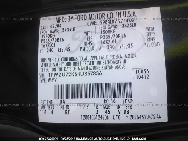 1FMZU72K64UB57836 - 2004 FORD EXPLORER XLS/XLS SPORT BLACK photo 9