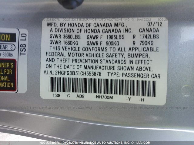 2HGFG3B51CH555878 - 2012 HONDA CIVIC LX SILVER photo 9