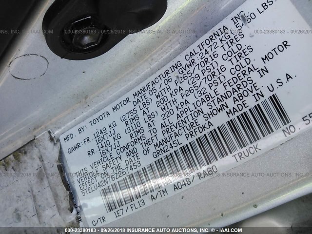 5TELU42N76Z267453 - 2006 TOYOTA TACOMA DOUBLE CAB 银色 照片 9