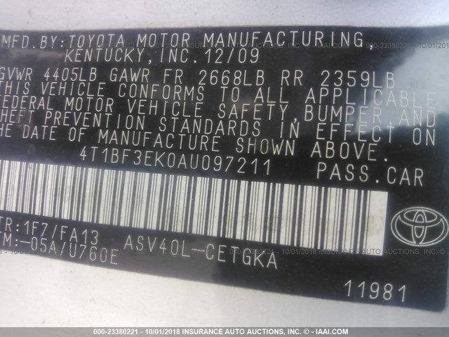 4T1BF3EK0AU097211 - 2010 TOYOTA CAMRY SE/LE/XLE 银色 照片 9