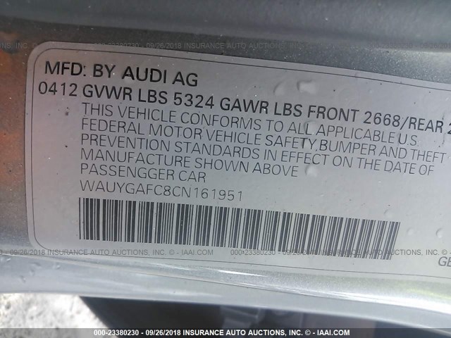 WAUYGAFC8CN161951 - 2012 AUDI A7 PREMIUM PLUS GRAY photo 9