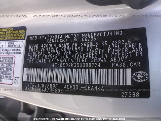 4T1BE32K35U088774 - 2005 TOYOTA CAMRY LE/XLE/SE Күміс фото 9