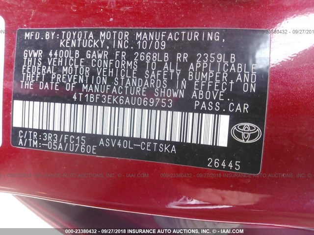 4T1BF3EK6AU069753 - 2010 TOYOTA CAMRY SE/LE/XLE 红色 照片 9