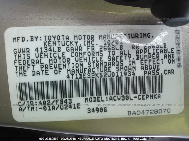 4T1BE32K52U011934 - 2002 TOYOTA CAMRY LE/XLE/SE BEIGE photo 9