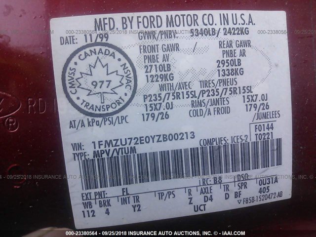 1FMZU72E0YZB00213 - 2000 FORD EXPLORER XLS RED photo 9