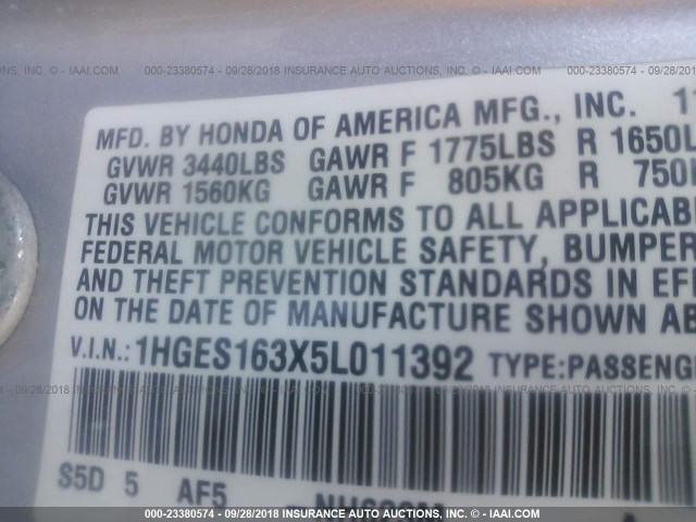 1HGES163X5L011392 - 2005 HONDA CIVIC DX VP Gümüş foto 9