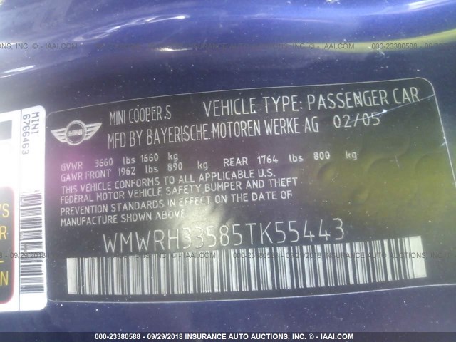 WMWRH33585TK55443 - 2005 MINI COOPER S BLUE photo 9