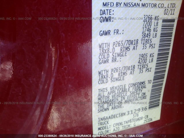 1N6AA0EC5BN312936 - 2011 NISSAN TITAN S/SV/SL/PRO-4X RED photo 9