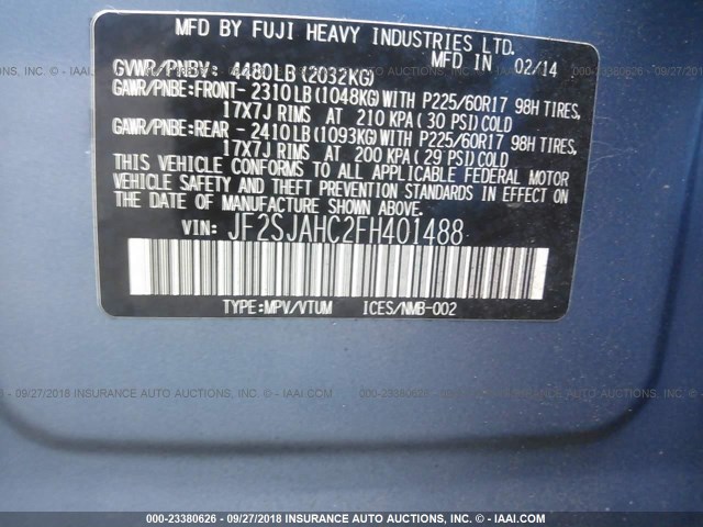 JF2SJAHC2FH401488 - 2015 SUBARU FORESTER 2.5I LIMITED BLUE photo 9