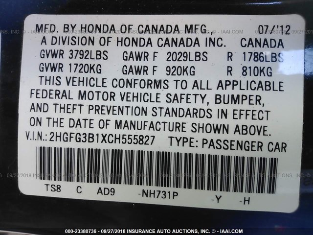 2HGFG3B1XCH555827 - 2012 HONDA CIVIC EXL 黑色 照片 9