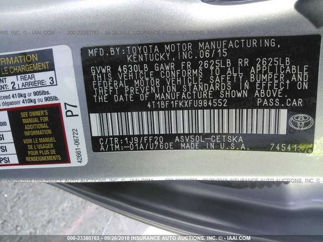 4T1BF1FKXFU984552 - 2015 TOYOTA CAMRY LE/XLE/SE/XSE SILVER photo 9