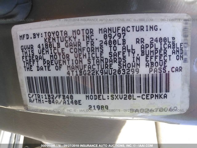4T1BG22K9WU203299 - 1998 TOYOTA CAMRY CE/LE/XLE 香槟色 照片 9