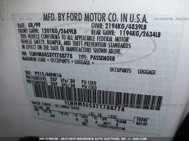 1LNHM86S3YY788778 - 2000 LINCOLN LS 白色 照片 9