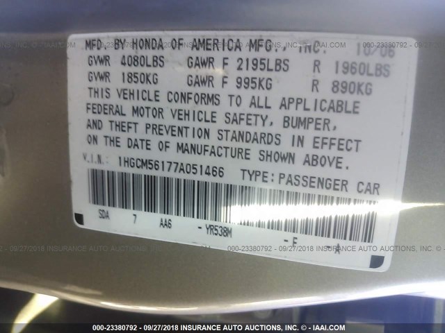 1HGCM56177A051466 - 2007 HONDA ACCORD VALUE GOLD photo 9