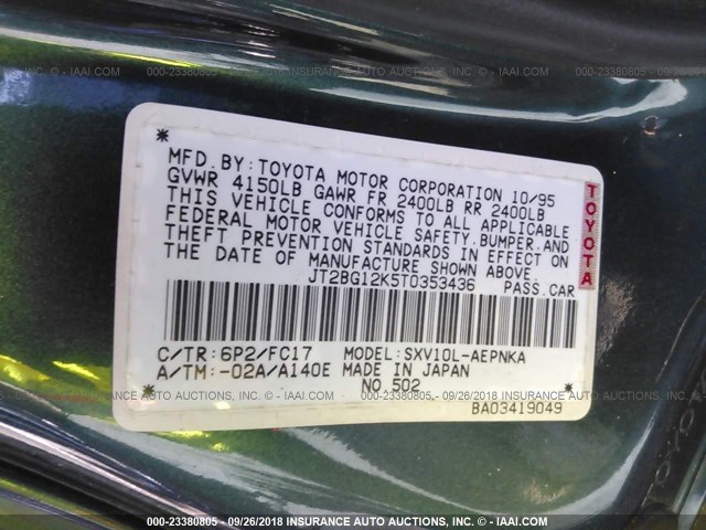 JT2BG12K5T0353436 - 1996 TOYOTA CAMRY DX/LE/XLE GREEN photo 9