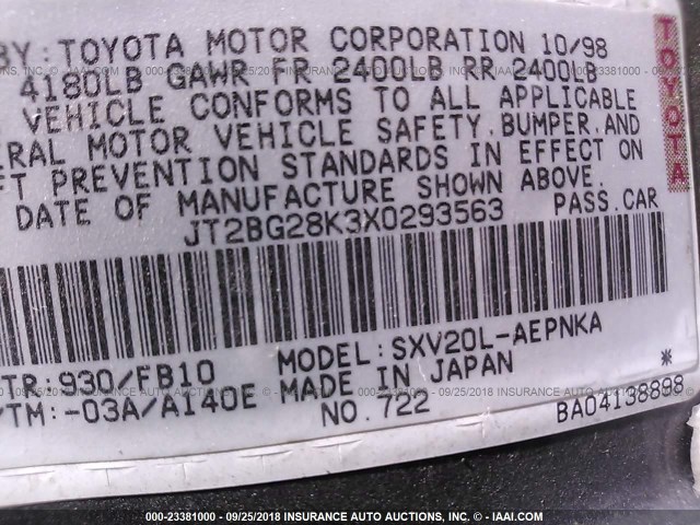 JT2BG28K3X0293563 - 1999 TOYOTA CAMRY LE/XLE Сұр фото 9