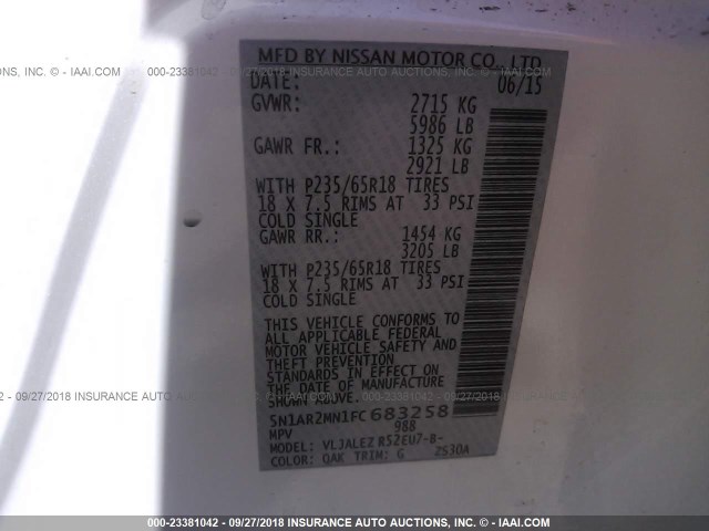 5N1AR2MN1FC683258 - 2015 NISSAN PATHFINDER S/SV/SL/PLATINUM WHITE photo 9