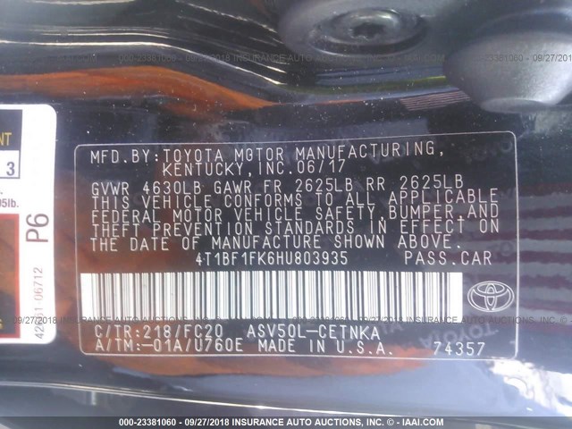 4T1BF1FK6HU803935 - 2017 TOYOTA CAMRY LE/XLE/SE/XSE 黑色 照片 9