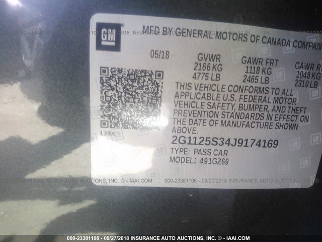 2G1125S34J9174169 - 2018 CHEVROLET IMPALA PREMIER GRAY photo 9