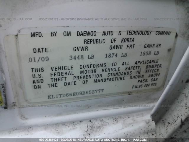 KL1TD66E09B652777 - 2009 CHEVROLET AVEO LS/LT 白色 照片 9