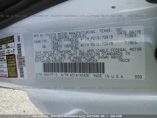 5TFTX4CN2FX060921 - 2015 TOYOTA TACOMA ACCESS CAB Weiß Foto 9