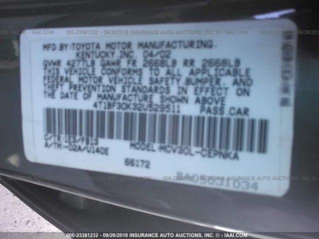 4T1BF30K32U529511 - 2002 TOYOTA CAMRY LE/XLE/SE 灰色 照片 9