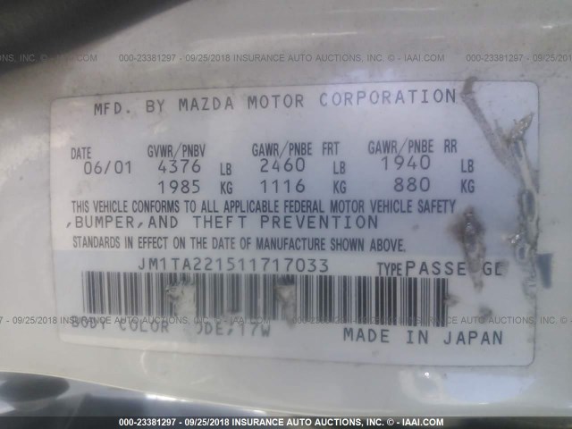 JM1TA221511717033 - 2001 MAZDA MILLENIA WHITE photo 9