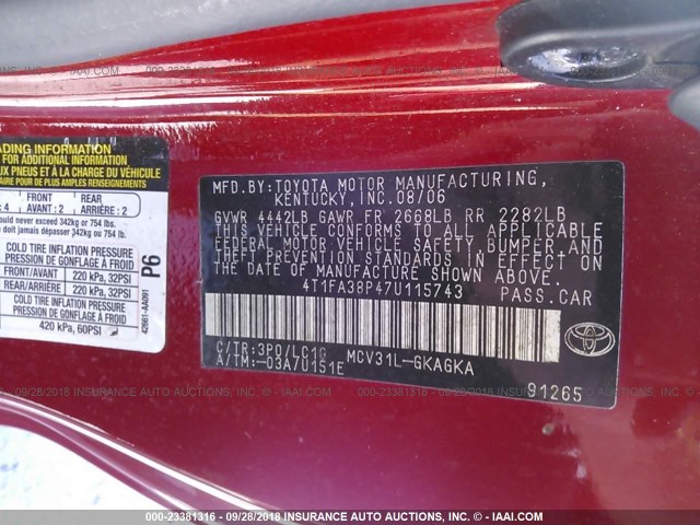 4T1FA38P47U115743 - 2007 TOYOTA CAMRY SOLARA SE/SLE RED photo 9