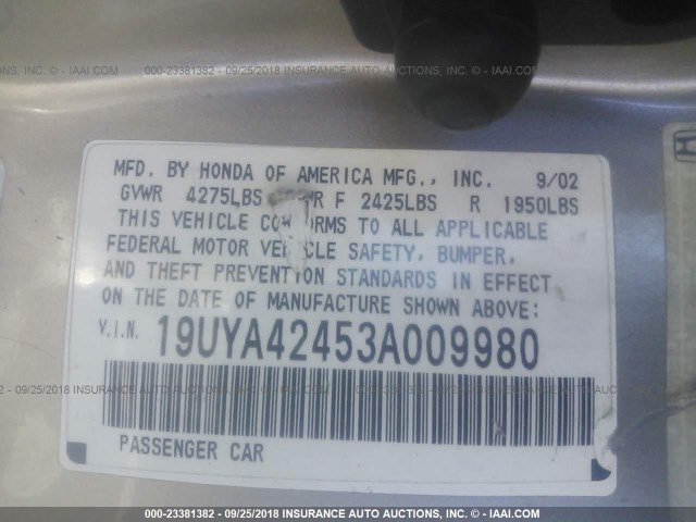 19UYA42453A009980 - 2003 ACURA 3.2CL GOLD photo 9