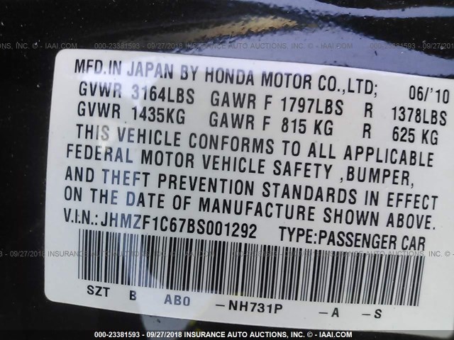 JHMZF1C67BS001292 - 2011 HONDA CR-Z EX BLACK photo 9