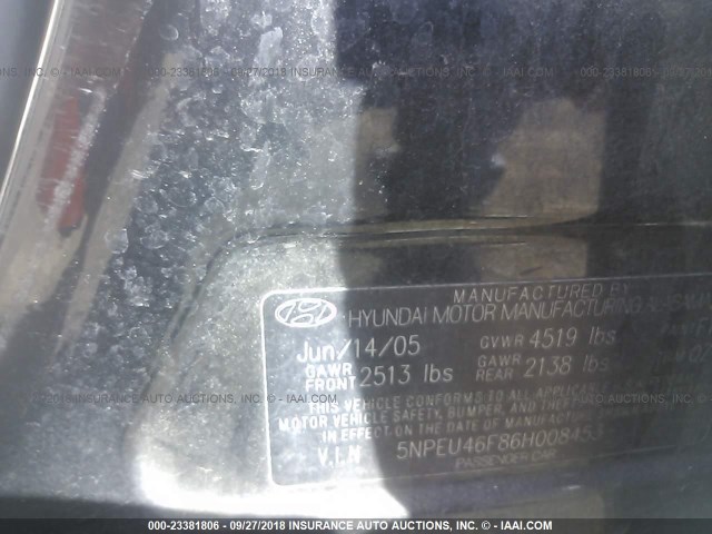 5NPEU46F86H008453 - 2006 HYUNDAI SONATA GLS/LX BLACK photo 9